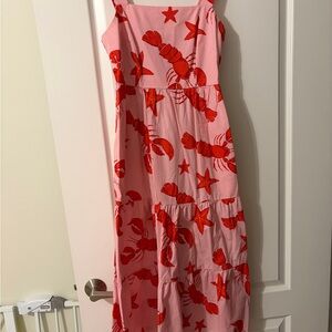 J. Crew Pink and Red Lobster Print Midi Dress